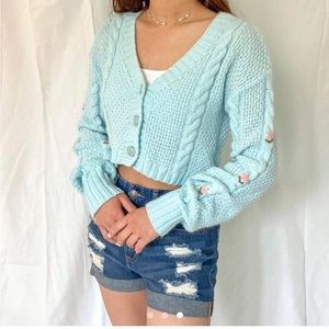 Wild Fable Cropped Floral Cardigan Blue Sweater Knit Crochet y2k cute target